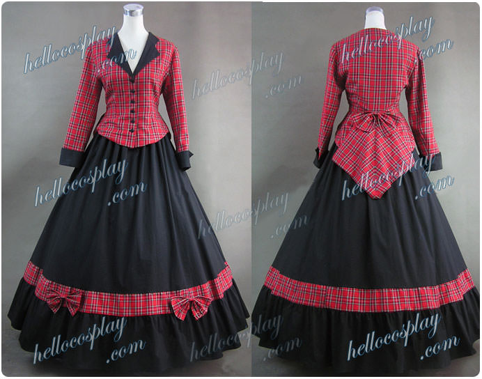 Civil War Cotton Satin Tartan Gown Dress Cosplay