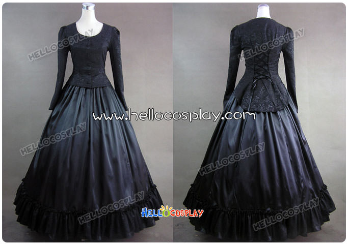 Civil War Victorian Brocaded Ball Gown Black Dress