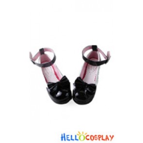 Princess Lolita Shoes Black Mirror Chunky Wide Ankle Strap Bow White Lace