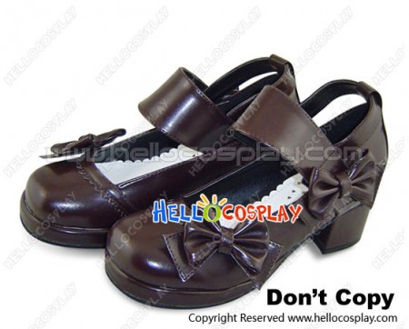 Brown Chunky Bow Princess Lolita Shoes With Ankle Strap