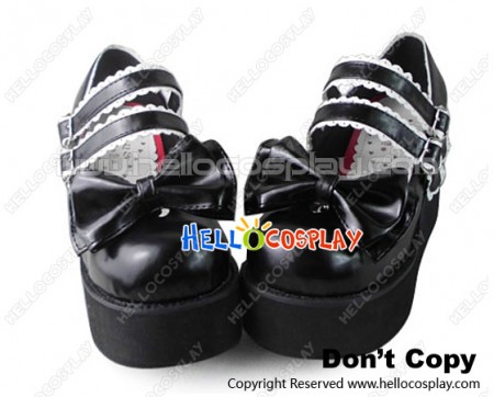 Princess Lolita Shoes Platform Black White Lace Double Straps Buckles Bow