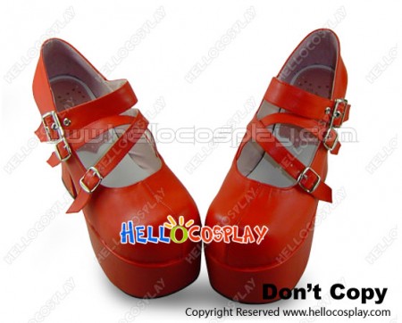 Red Three Instep Strap Chunky Punk Lolita Shoes