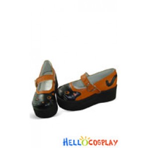 Orange Single Strap Black Cartoon Cat Blocking Lolita Shoes