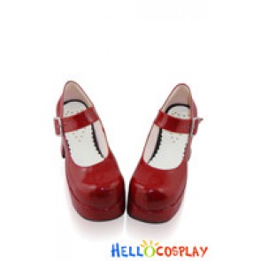 Mirror Wine Red Strap Square Buckle Chunky Princess Lolita Shoes