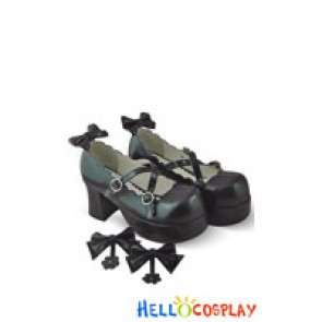 Matte Black Flank Detachable Bow Chunky Princess Lolita Shoes