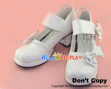 White Chunky Round Bow Princess Lolita Shoes With Ankle Strap