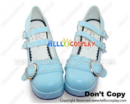 Blue Two Straps Ruffle Chunky Princess Lolita Shoes