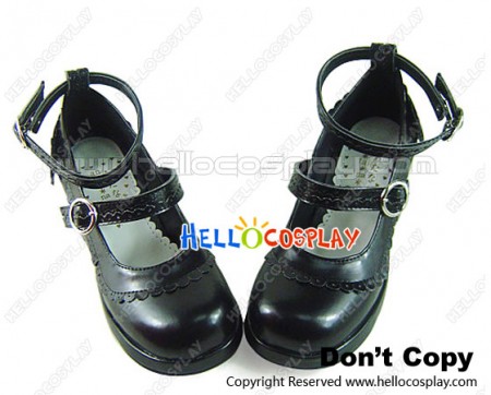 Matte Black Back Ruffle Strap Chunky Princess Lolita Shoes