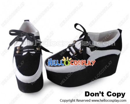 Punk Lolita Shoes Black White Pu Cattle Cashmere Lace Up High Platform