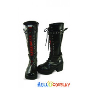 Black Red Long Lacing Buckles Chunky Princess Lolita Boots