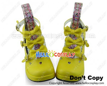 Creamy Yellow Three Bows Straps Chunky Princess Lolita Shoes
