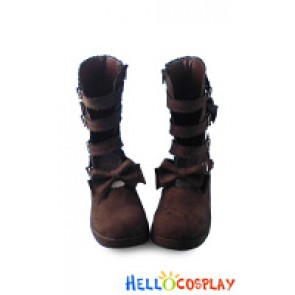 Gothic Lolita Boots Suede Brown Pieces Lace Princess Heart Shaped Buckles Bows
