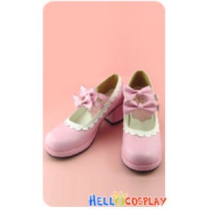 Pink White Bow Straps Ruffle Chunky Princess Lolita Shoes