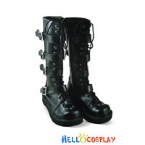 Unique Black Buckle Strap Lace Up Gothic Lolita Boots