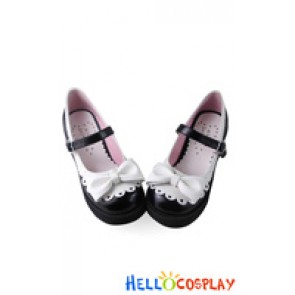 Sweet Lolita Shoes Princess Matte Black White Lace Single Strap Bow Wedge