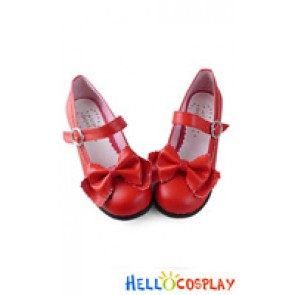 Sweet Lolita Shoes Chunky Red Matte Single Strap Round Buckle Lace Bow