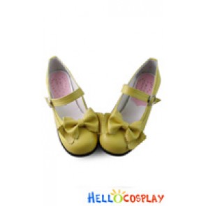 Sweet Lolita Shoes Chunky Milk Yellow Single Strap Round Buckle Lace Bow
