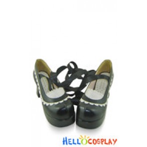 Black White Ruffle Satin Lace Up Chunky Sweet Lolita Shoes
