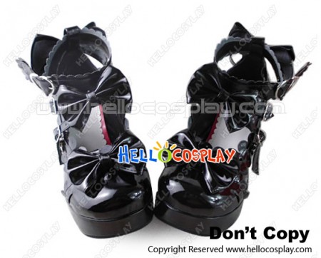 Princess Lolita Shoes Black Mirror Chunky Ankle Strap Lace Bows Heart Shaped Buckles