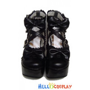Black Ruffle Bow Chunky Sweet Lolita Shoes