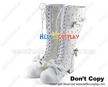 Matt White Bows Heart Shaped Chunky Princess Lolita Boots