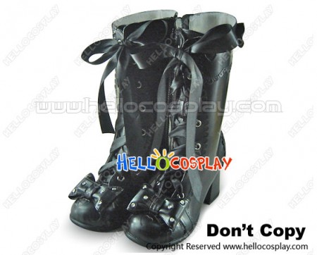 Black Bows Satin Lace Up Chunky Princess Lolita Boots