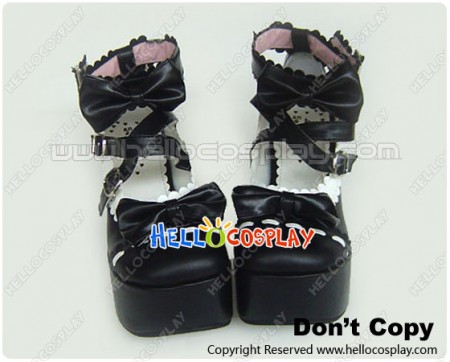 Black And White Ruffle Bow Chunky Sweet Lolita Shoes