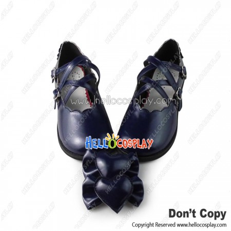 Princess Lolita Shoes Ultramarine Dark Blue Heart Shaped Bow Low Chunky