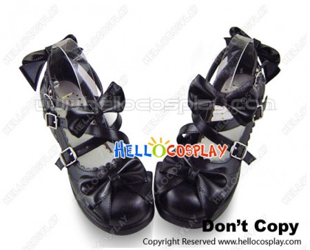 Matte Black Ruffle Bows Straps Chunky Princess Lolita Shoes