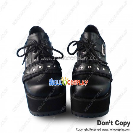 Punk Lolita Shoes Black White Grid Zipper Lace Rivet Square Buckle
