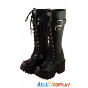 Matte Black Zipper Crossing Straps Chunky Punk Lolita Boots