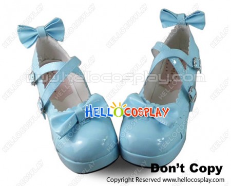 Lolita Shoes Sweet Blue Mirror Lacing Crossing Straps Bows Square Buckles