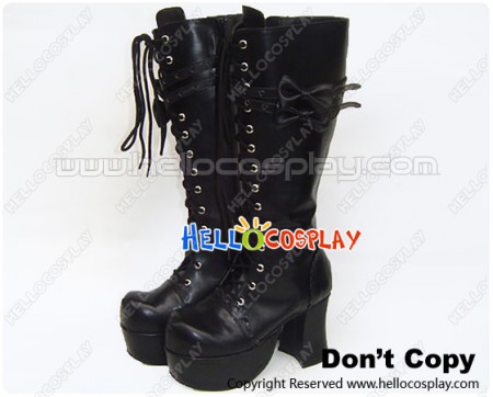 Matte Black Double Bows Straps Chunky Princess Lolita Boots