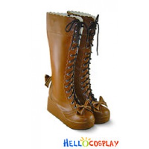 Light Brown Bows Shoelace Ruffle Platform Princess Lolita Boots