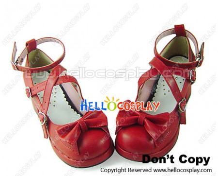 Matt Wine Red Ruffle Bow Straps Chunky Princess Lolita Shoes