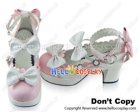 Pink White Bows Heart Shaped Buckle Chunky Princess Lolita Shoes