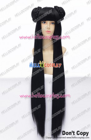 Wig 100CM Cosplay Loli Straight Long Ancient Double Buns Pure Black