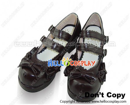 Brown Bows Double Ruffle Straps Chunky Princess Lolita Shoes