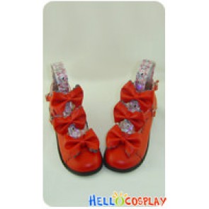 Matt Red Three Bows Ruffle Chunky Princess Lolita Shoes