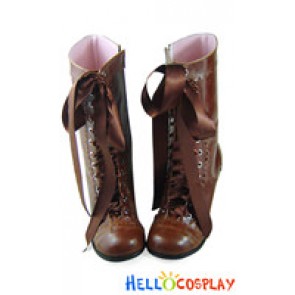 Brown Satin Lace Ruffle Chunky Princess Lolita Boots