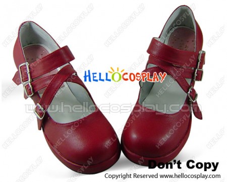 Matte Wine Red Instep Straps Chunky Punk Lolita Shoes