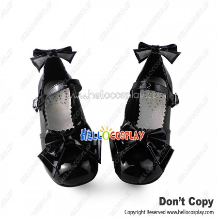 Sweet Lolita Shoes Matt Black Lace Instep Strap Bows Chunky Heel