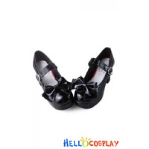 Sweet Lolita Maiden Shoes Chunky Black Mirror Single Wide Strap Lace Bow