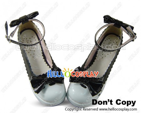 White Ankle Strap Black Bow Lace Chunky Heel PU Lolita Shoes