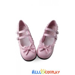 Princess Lolita Shoes Pink Matte Chunky Double Straps Heart Shaped Buckles Bows