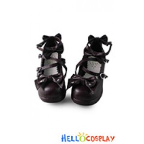 Lolita Shoes Brown Ankle Straps With Bows Heart Shaped Buckle