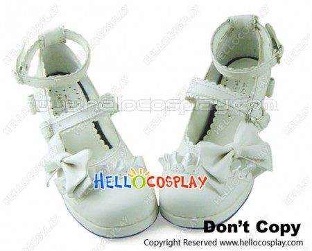 Sweet White PU Leather Ankle Strap Bow Lolita Princess Shoes