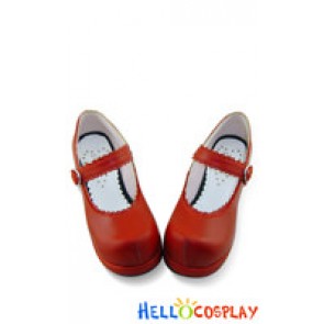 Wine Red Single Ruffle Strap Chunky Princess Lolita Shoes