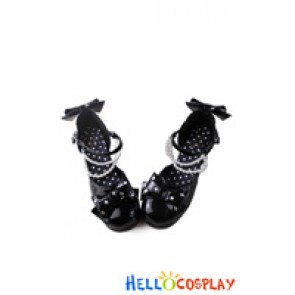 Lolita Shoes Sweet Black Mirror Mermaid Princess Pearl Lace Bows