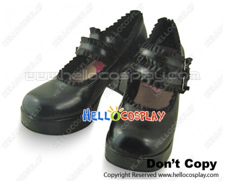 Matte Black Satin Ruffle Double Straps Chunky Sweet Lolita Shoes